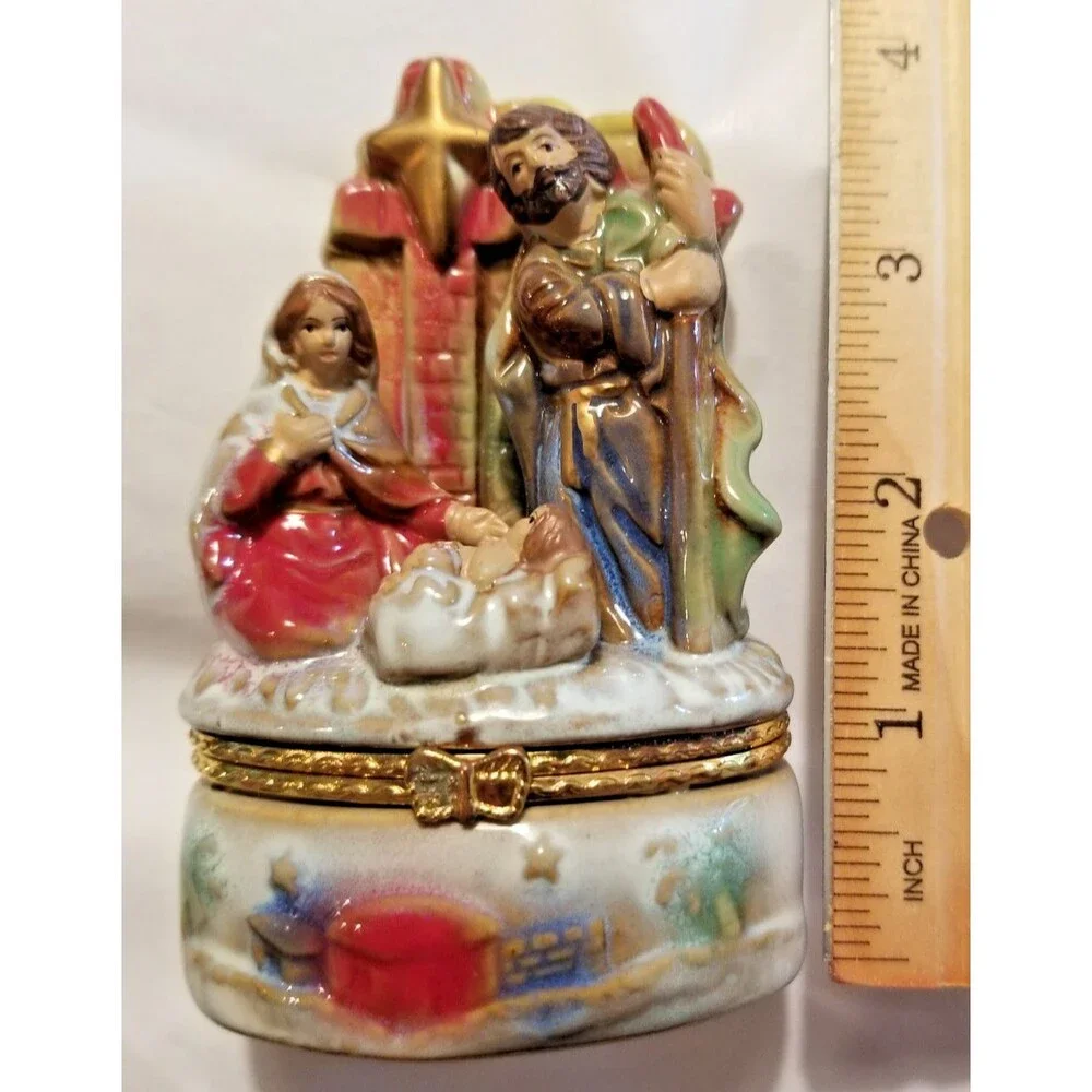 Nativity Scene Trinket Box Holder Ceramic Jesus Mary Joseph Manger Cross Star
